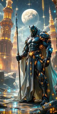 The primary subject of the image is a character, possibly a superhero, dressed in a suit and holding a staff. The setting is a futuristic city with tall buildings in the background. The visual style appears to be a digital art or illustration, with the character's outfit and the cityscape being the main focus. The colors and mood of the image are predominantly dark and dramatic, with the character standing out against the futuristic backdrop.